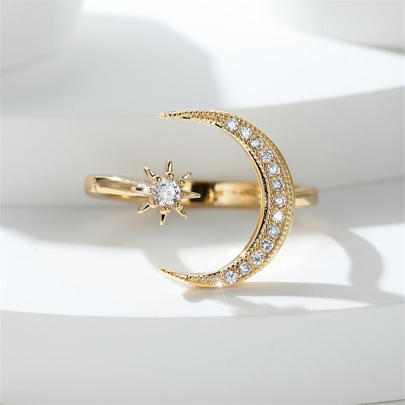 Boho Minimalist Blue Stone Female Stacking Star Moon Rings For Women Gold Color White Crystal Opening Ring Wedding Bands Gifts