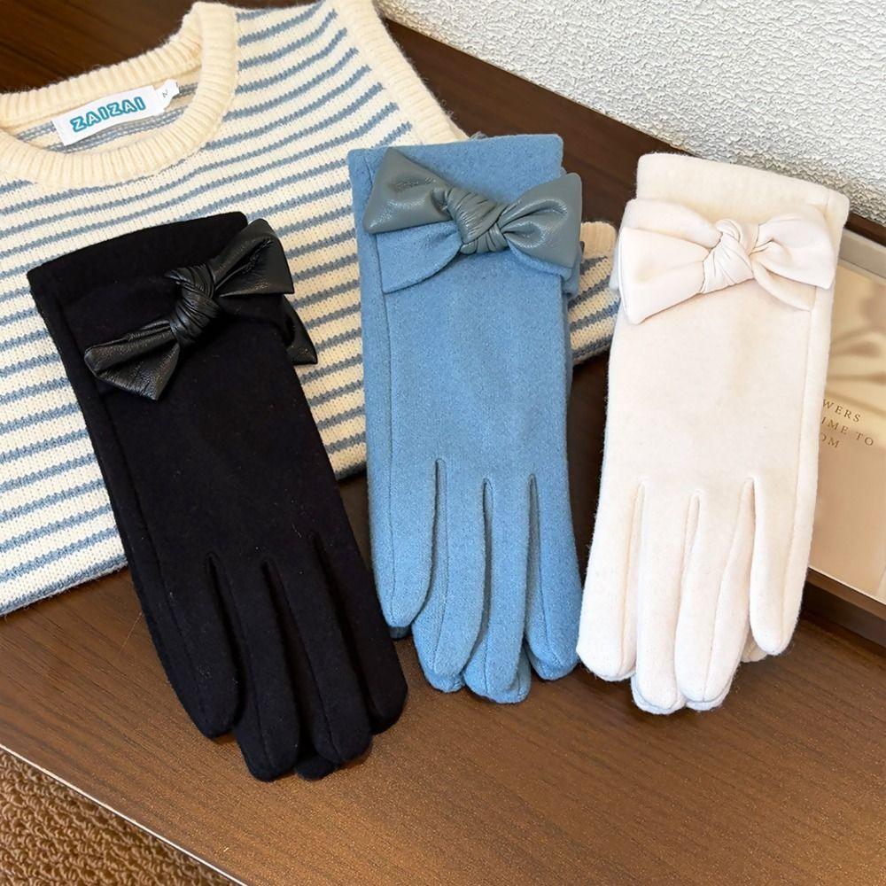Bow Decor Winter Warm Gloves Polyester Fleece Lined Cycling Gloves Cold Weather
