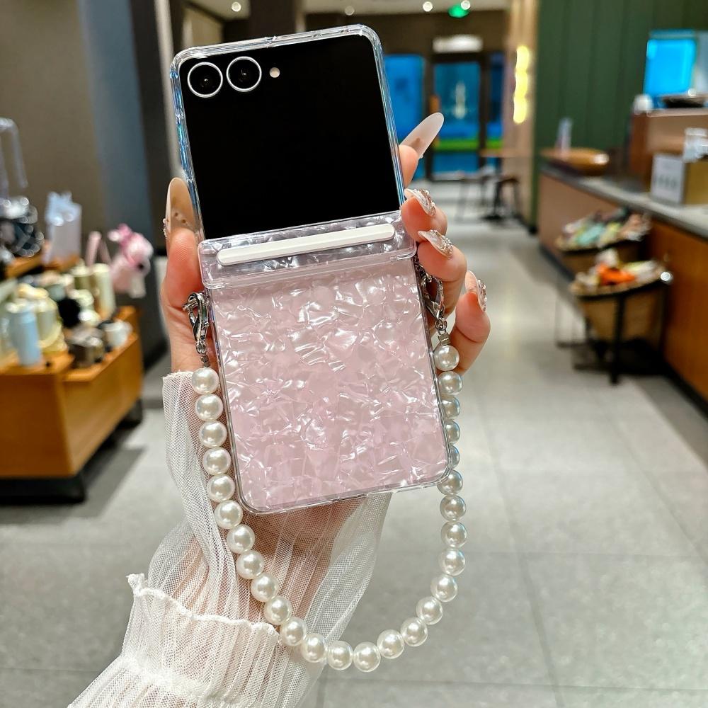 For Samsung Galaxy Z Flip 8 7E 7 6 5 Luxury Shell Pattern Pearl Bracelet Case With Wrist Chain Hard Acrylic Shockproof Cover