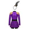 Girls Ringmaster Circus Costume Set Long Sleeve Mock Neck Tassel Shoulder Sequin Bodysuit Top Hat Feather Headband