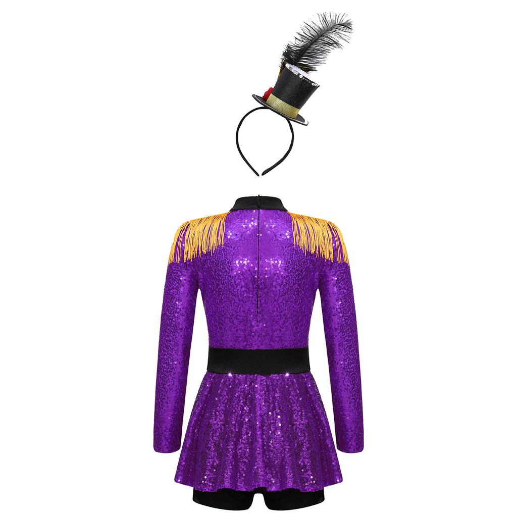 Girls Ringmaster Circus Costume Set Long Sleeve Mock Neck Tassel Shoulder Sequin Bodysuit Top Hat Feather Headband