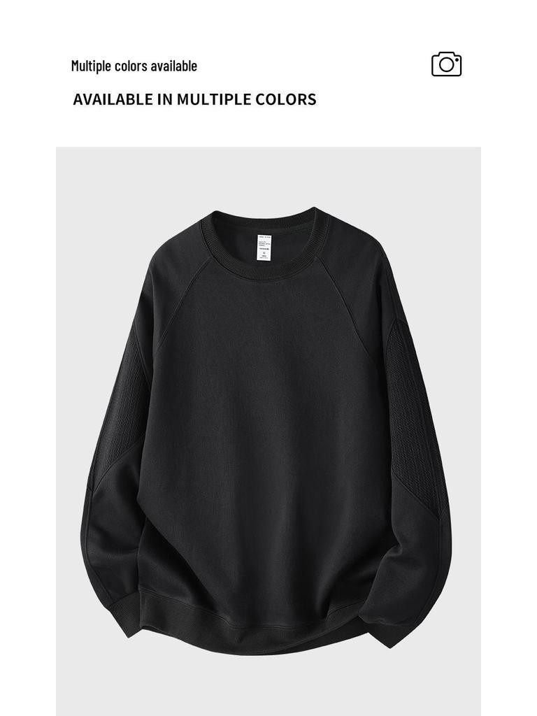 Men's Heavyweight Patchwork Raglan Hoodie: Autumn/Winter Round Neck Casual Layer Top (340G)
