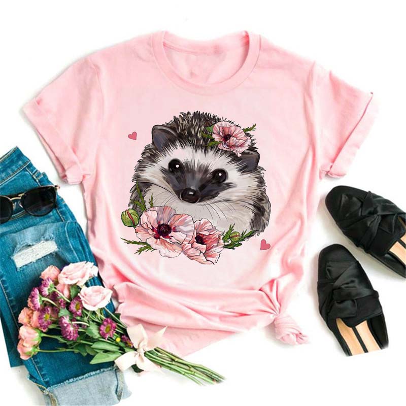 Pink Women Tshirts Casual Cute Cartoon Hedgehog Floral Graphic Print Female Tee Tops Harajuku Fashion Short Sleeve T Shirt Femme
