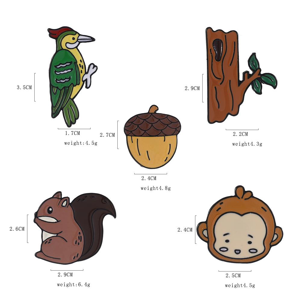 Funny Squirrel And Pinecone Enamel Brooches Woodpecker And Tree Trunk Shaped Pins Forest Animal Monkey Badge