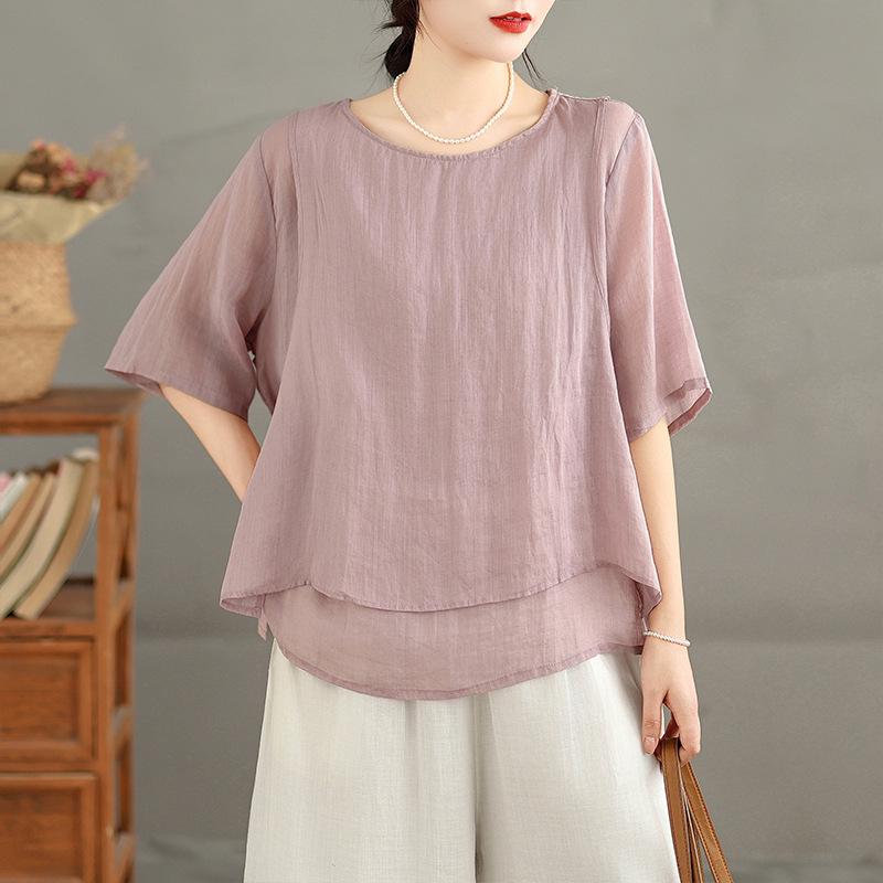 

Vintage Cotton-Linen Faux Layered Side-Knot Women s Pullover Shirt, 2026 Spring/Summer Collection L роза розовый