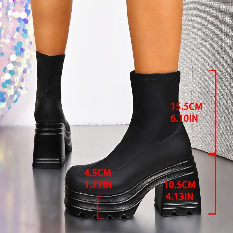 Fashion 10.5 Cm Chunky Heeled Sock Boots for Women Slip On Stretch Fahric Minimalist Platform Boots Goth Mid Calf Comfortable