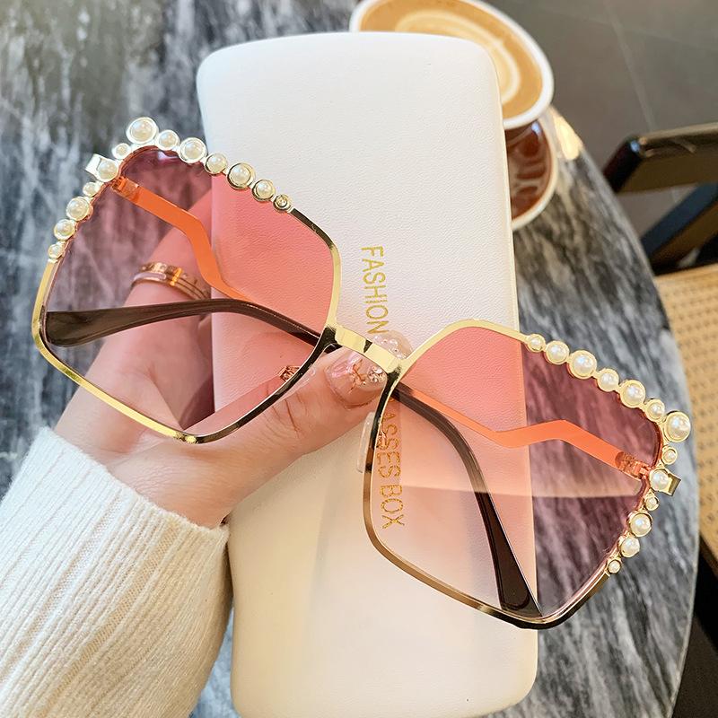 Sunglasses Diamond Pearl Decoration Large Frame Metal Glasses Sunshade Sunglasses Ns Catwalk Premium