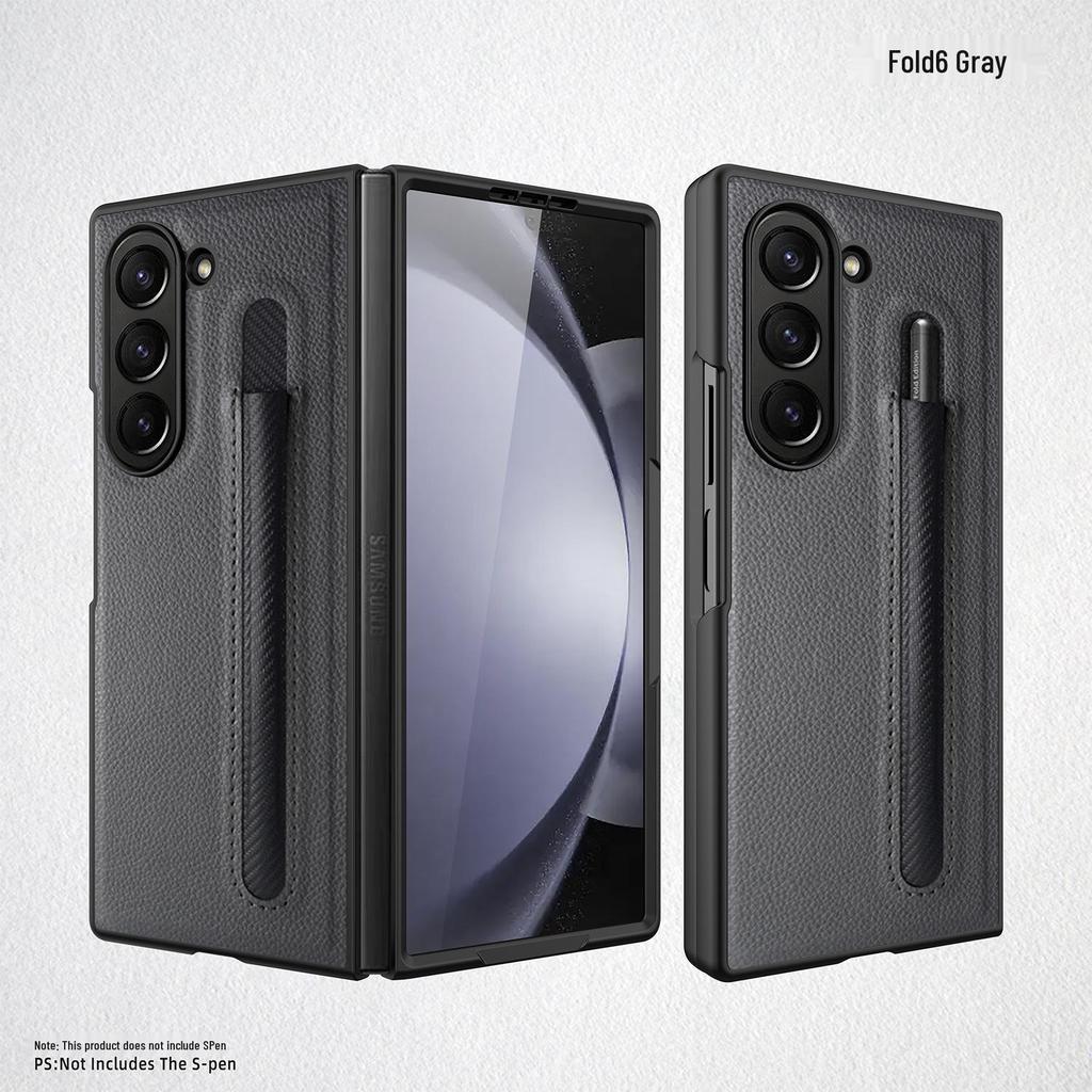 Samsung Z Fold6/Fold5 Lychee Pattern Leather Phone Case with Pen Holder