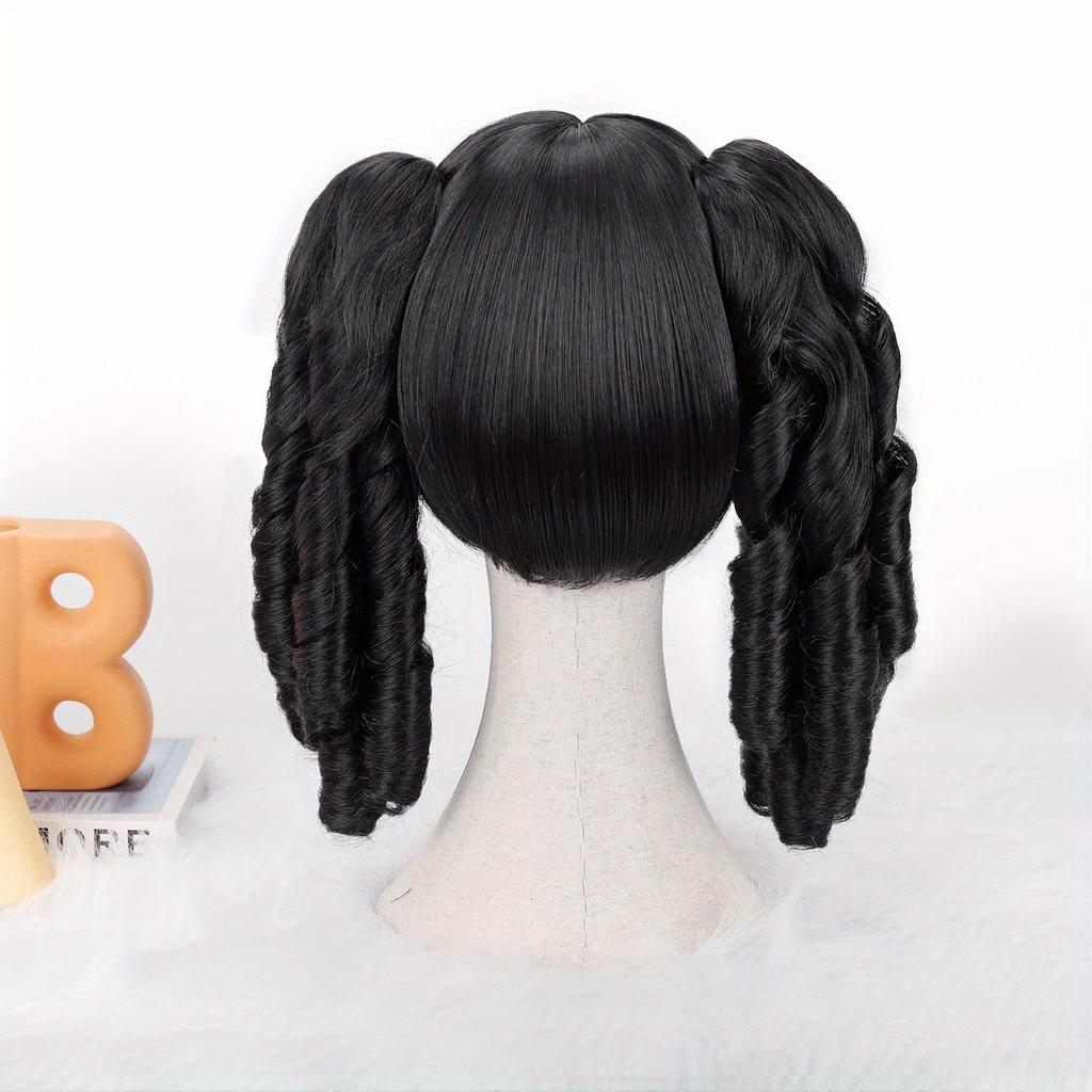Black Double Braided Ponytail Wig Slant Bangs Spiral Curly Fluffy Layered Glossy Soft Synthetic Cosplay Anime
