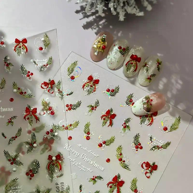 Vánoční nálepky na nehty Laserová sněhová vločka Reliéfní 3D vánoční strom Listy Kreslené Nositelné náplasti na nehty Manikúra Dekorace Kouzlo