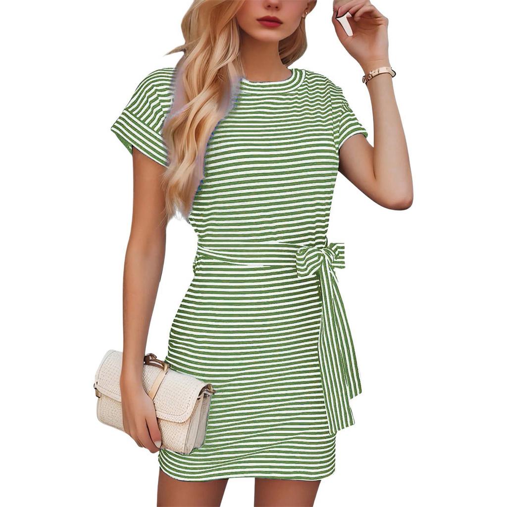 Women’s Short Sleeve Striped Dress with Waist Tie Casual Crew Neck Mini Dress for Everyday Wear and Outfits