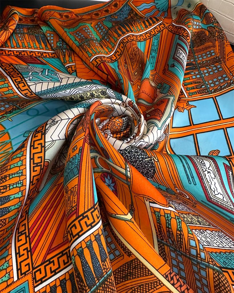 Bohemian Print Small Square Scarf Luxury Simulated Silk Thin Neck Scarf Geometric Lines Sunscreen Headscarf For Women
