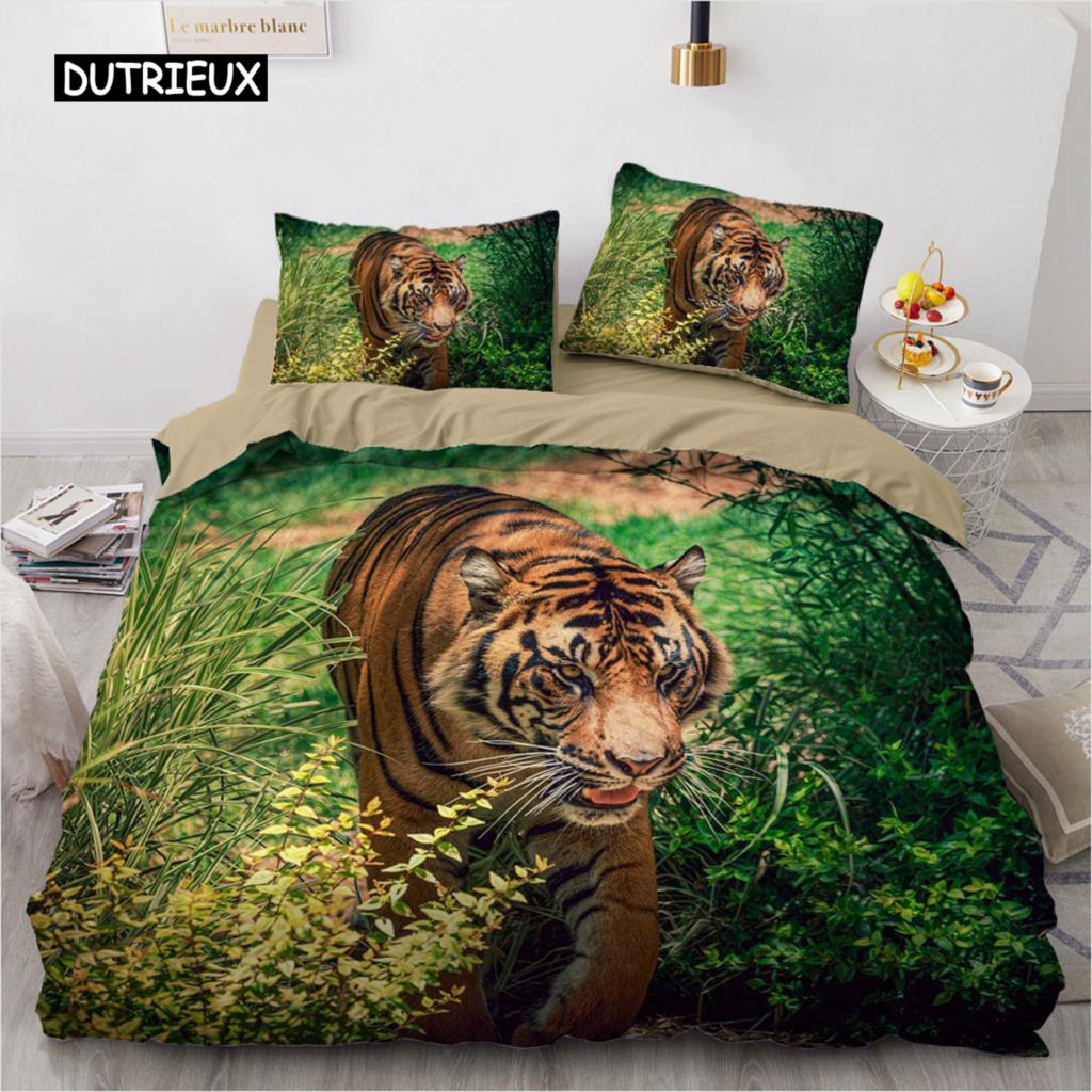 3D Bedding Set Black Duvet Quilt Cover Set Comforter Cover Pillowcase King Queen Size Animal Tiger Printed Polyester Quilt Cover