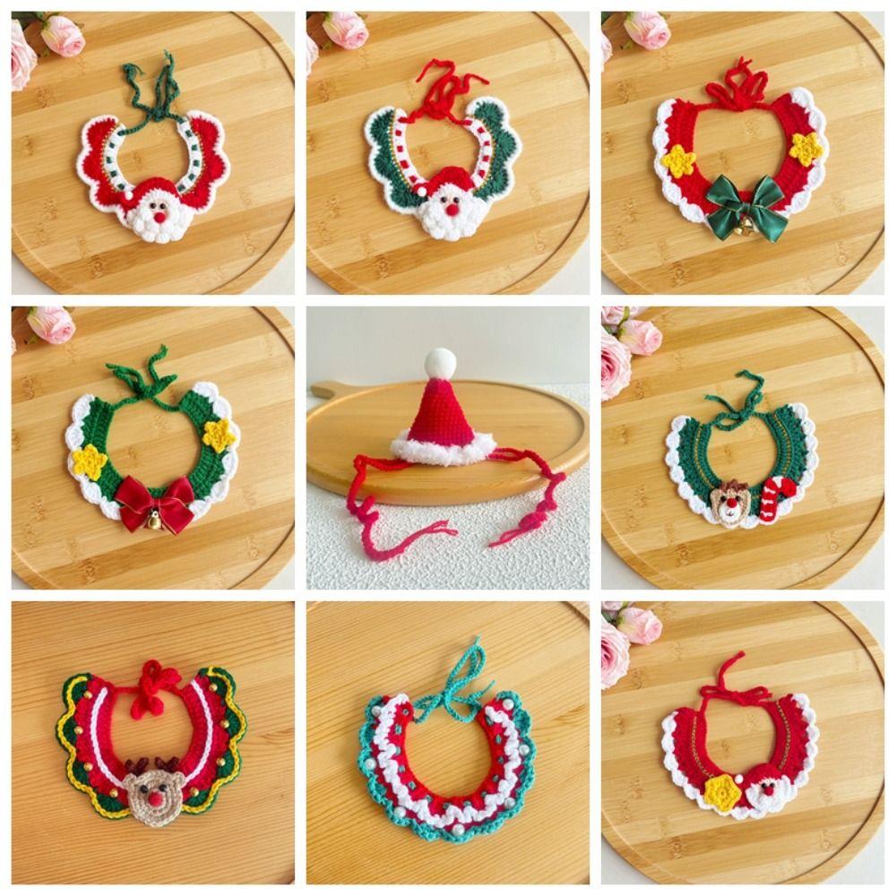 Red Bowknot Christmas Pet Neckwear Yarn Pet Holiday Bib Xmas Puppy Outfit Cat Santa Hat  New Year