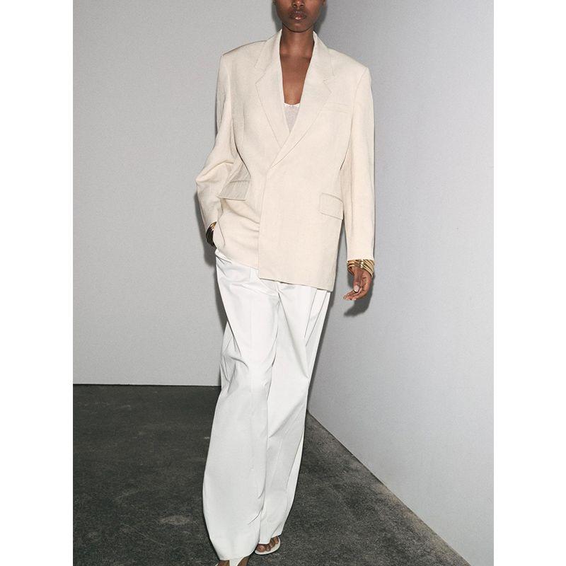 Spring and Summer Women's Clothing Elegant Commuter Long Sleeve Lapel Linen Blend Loose Casual Suit Jacket 2716767