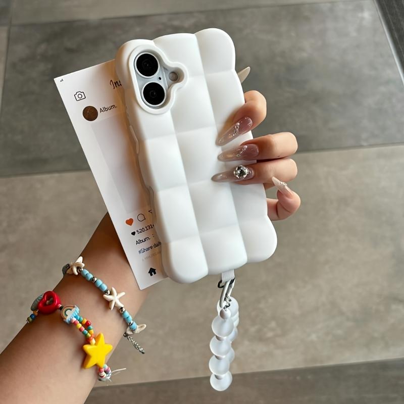 Cartoon Lattice 3D Block With Bead Lanyard Phone Case For iPhone 18 17 16 15 14 13 Pro Max Candy Color Shockproof Soft TPU Cover