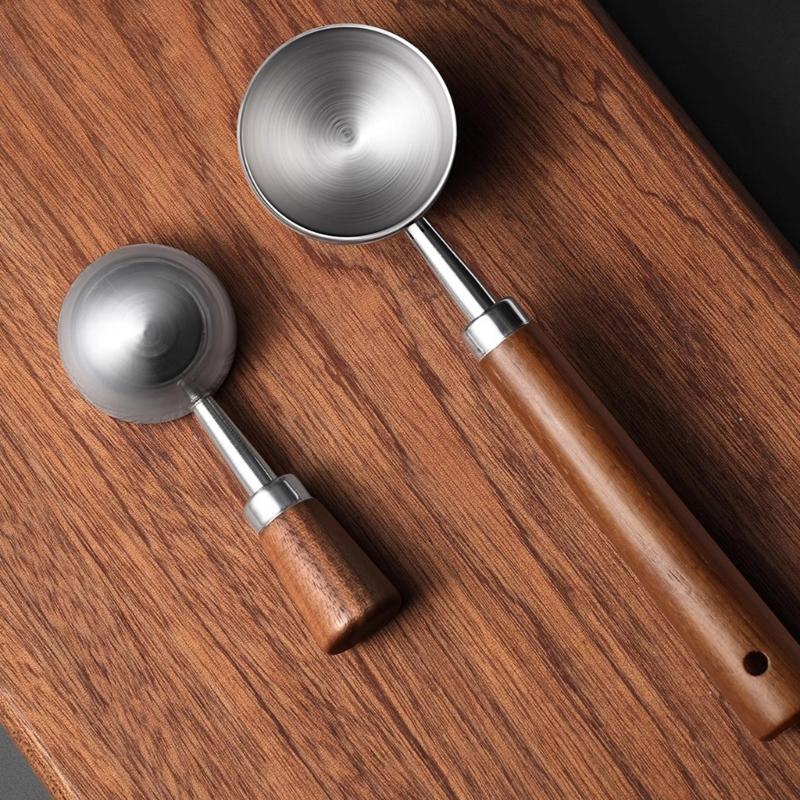 Accurate Measuring Spoon for Coffee Bean Features Comfortable Walnuts Wood Handle and Stainless Steel Construction