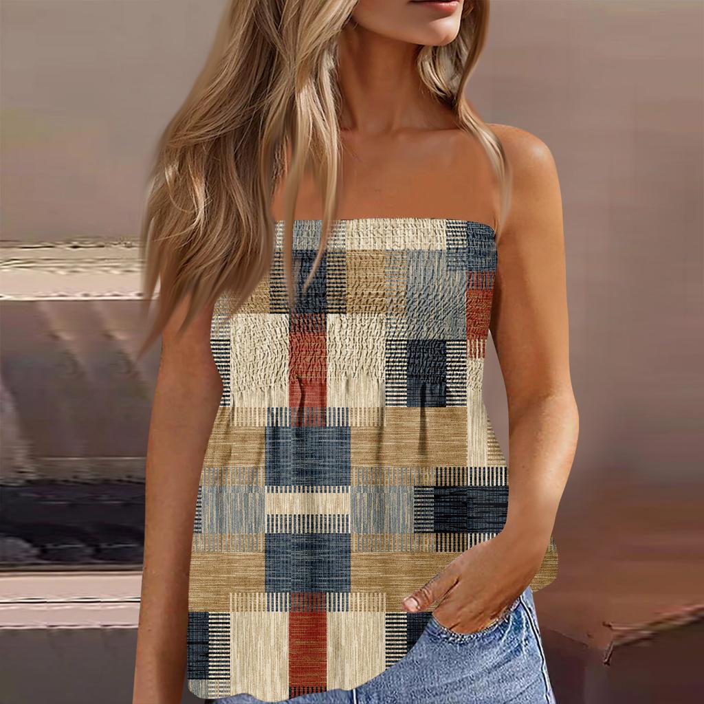 Modisches Sexyness Damen-T-Shirt-Top mit tiefem Rückenausschnitt, elastisch, Retro-Streifenmuster, trägerlos, figurbetont