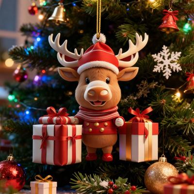 1/3/5/10PCS Christmas Acrylic Cartoon Santa and Snowman Pendant Rearview Mirror Ornament Holiday Tree Decoration