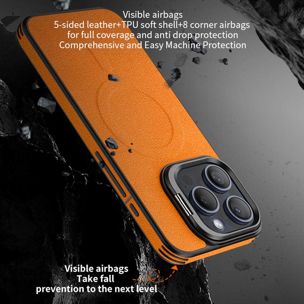 For iPhone 16 Pro Magnetic Case with Lens Kickstand Leather Phone Back Cover