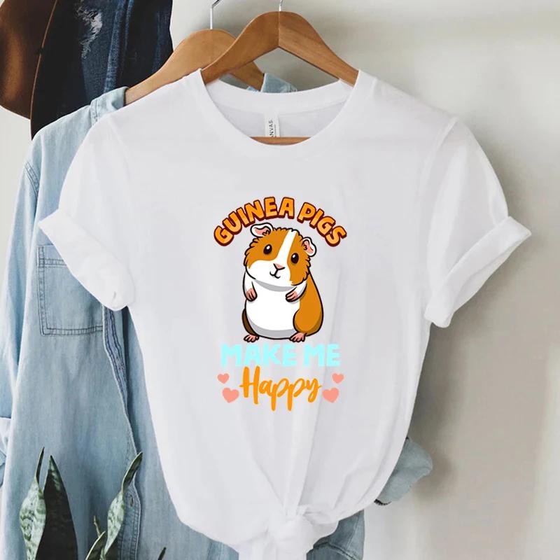 Womens Fashion Tshirt Graphic Lovely Graphic Guinea Pig Make Me Happy Printing for Girl Casual Oversized Short Sleeve Tshirts M