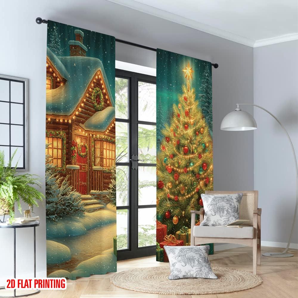 2pcs 2D flat printing Fashionable Christmas Curtains Cozy Christmas Snowing House Tree Gifts Digital Printed Polyester Drapes