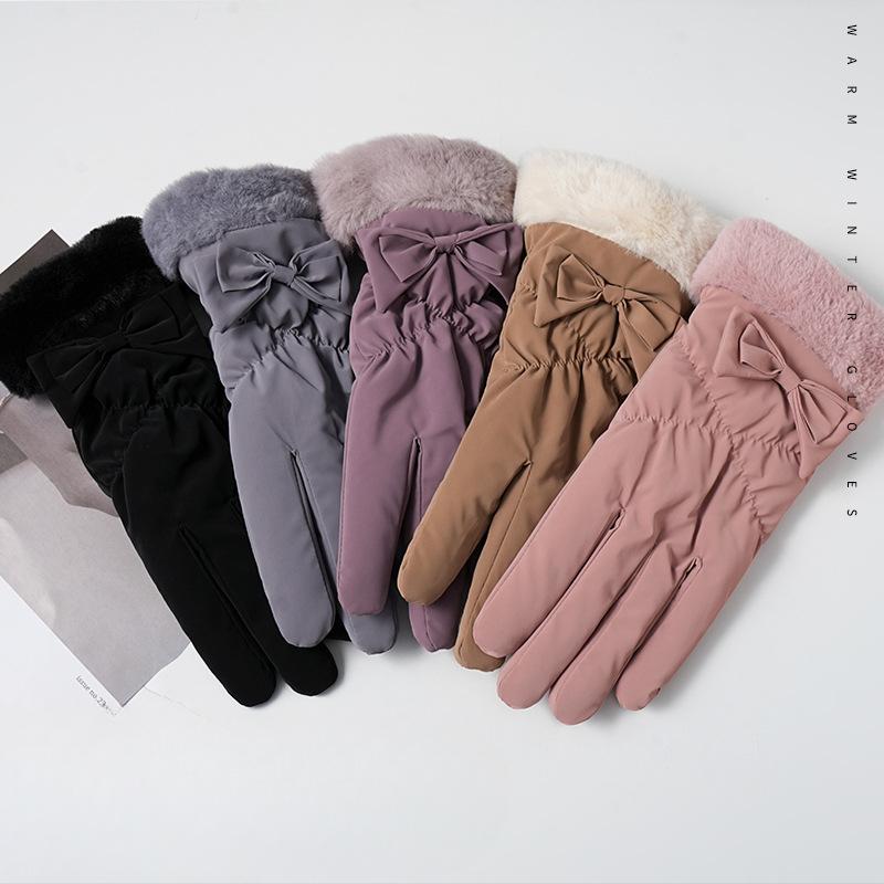 Women's Winter Skiing Gloves with Cute Bows  Thickened Fleece Windproof and Cold-proof Outdoor Cycling Touch Screen Gloves
