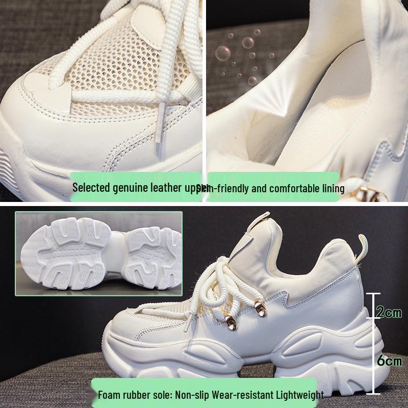 Genuine Leather Women's Dad Shoes 2024 - 8CM Height Boost, Versatile College Style, Trendy Spring/Summer Sport Design