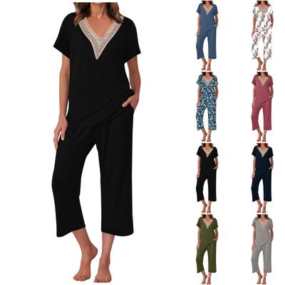 Womens Summer Pajama Sets Pleated Sleepwear Ladies Short Sleeve Nightwear Three-quarter Pants With Pockets