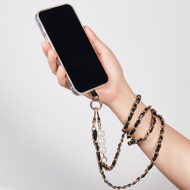 1pc Pearl Leather Chain Mobile Phone Strap Long Crossbody Anti-Loss Shoulder Cord with Metal Pendant Phone Lanyard for Women