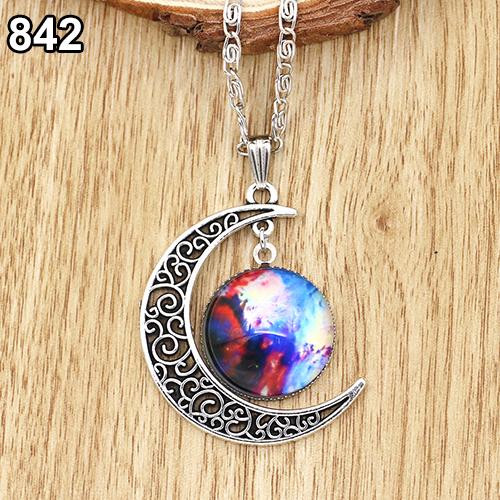 Women Fashion Galactic Glass Alloy Chain Crescent Moon Pendant Necklace