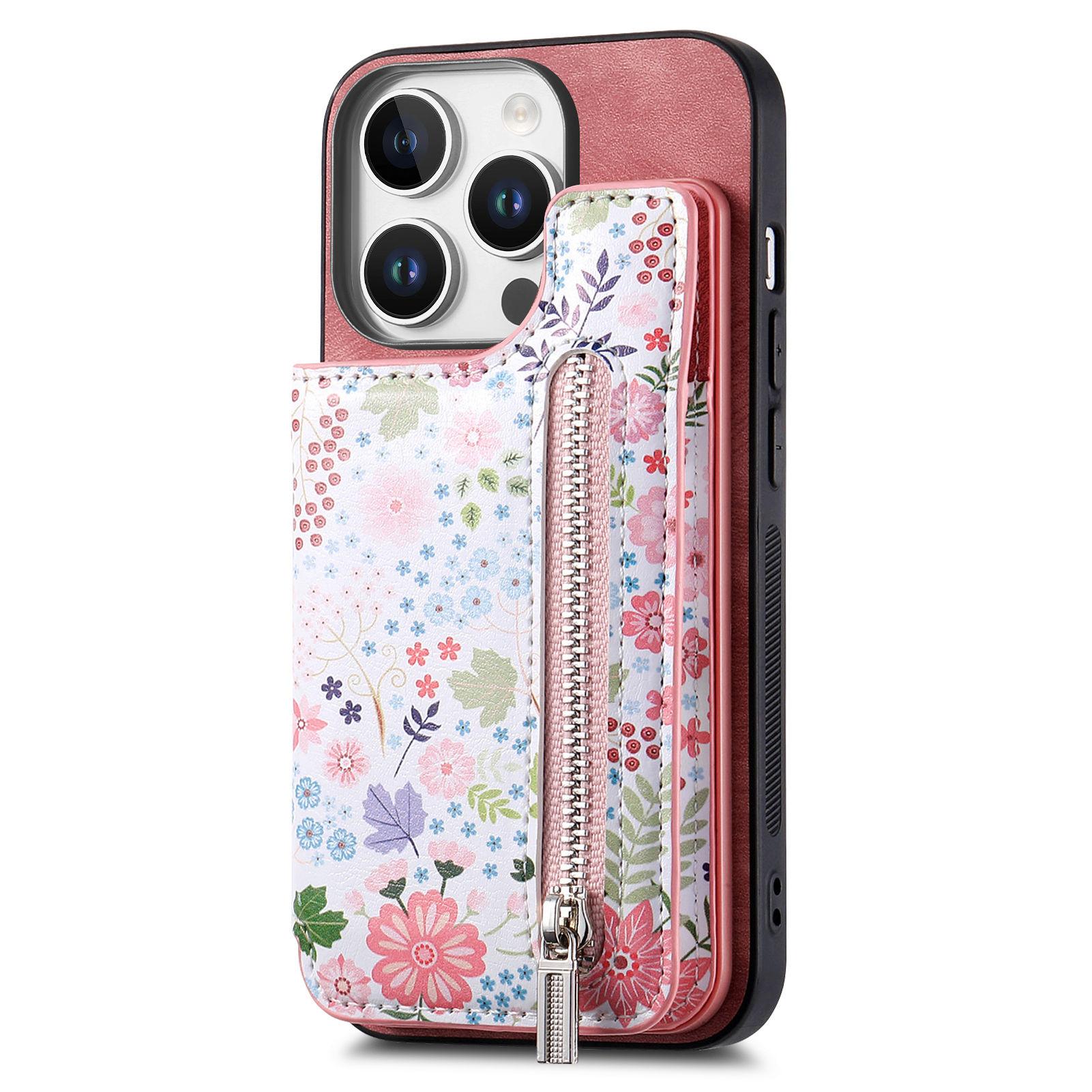 

D10 For iPhone 16 Pro Case Pattern Kickstand Wallet Leather+TPU Phone Cover RFID Blocking Pink