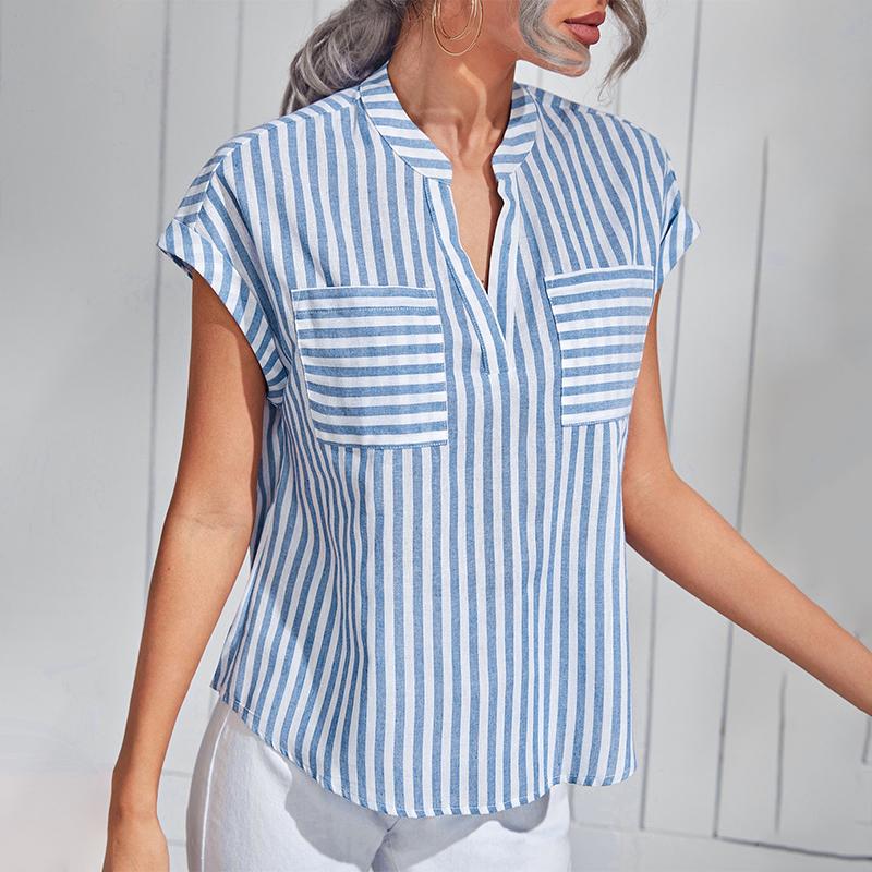 ZANZEA Женская летняя повседневная свободная полосатая блузка с круглым ...