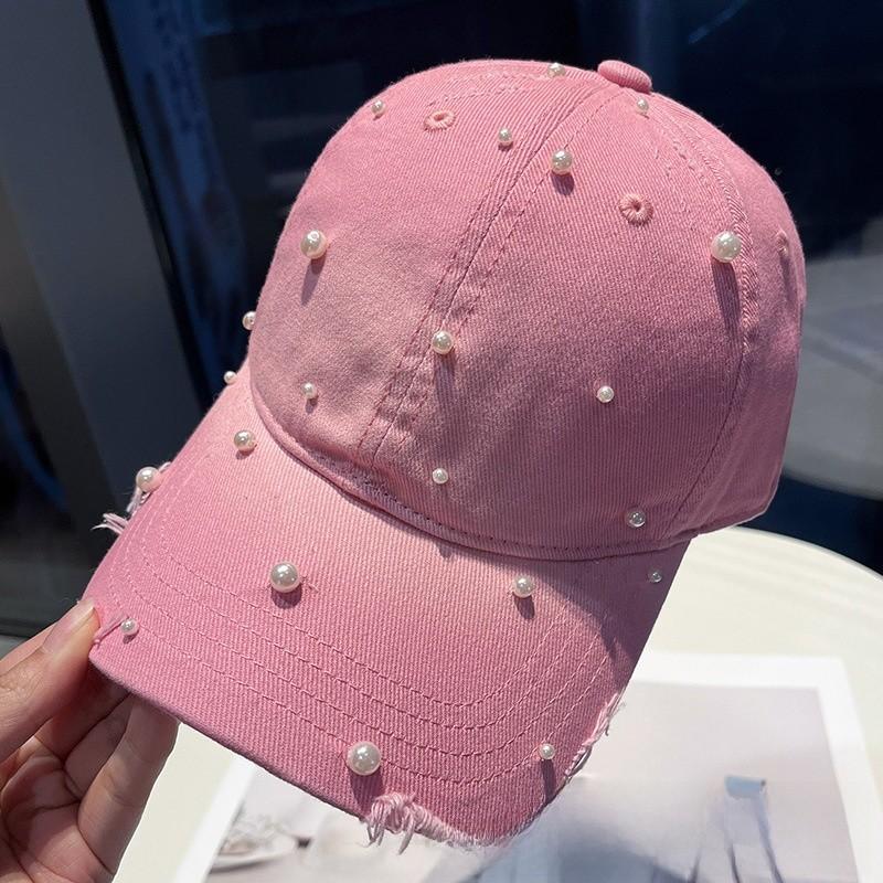 Cotton Baseball Cap With Pearl Embellishments For Summer Sun Protection