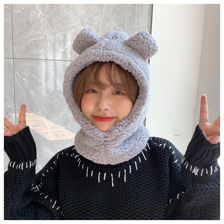 Cute Bear Ears Beanies Women Winter Head Hood Scarf Hat Cap Thicken Cozy Warm Bonnet Female Lamb Balaclava Riding Bobble Hat