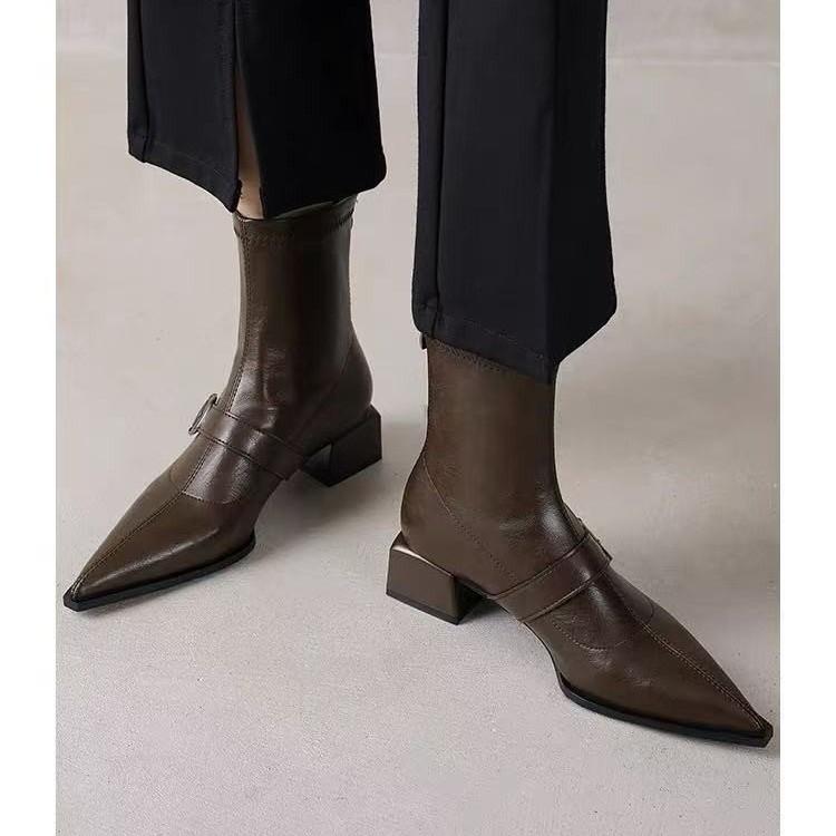 

Модные женские ретро ботильоны осень пуанты зима роскошные дизайнерские остроносые на среднем каблуке кожаные ботильоны 2025 женская мода 35-42 38 коричневый