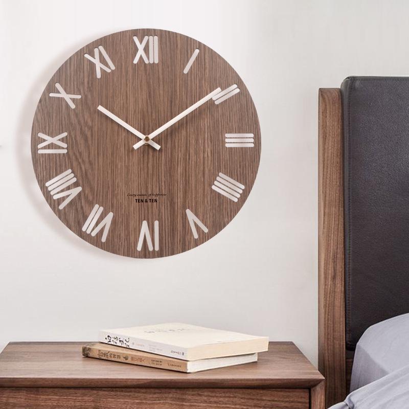 

Wooden Creative Wall Clock, Modern Simple Bedroom Clock with Wooden Grain Design 12 inch
