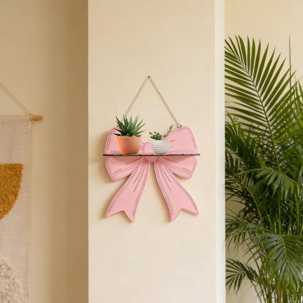 Cute Single-layer Wooden Wall-mounted Shelf With Bow Design, Suitable For Home And Bedroom.
