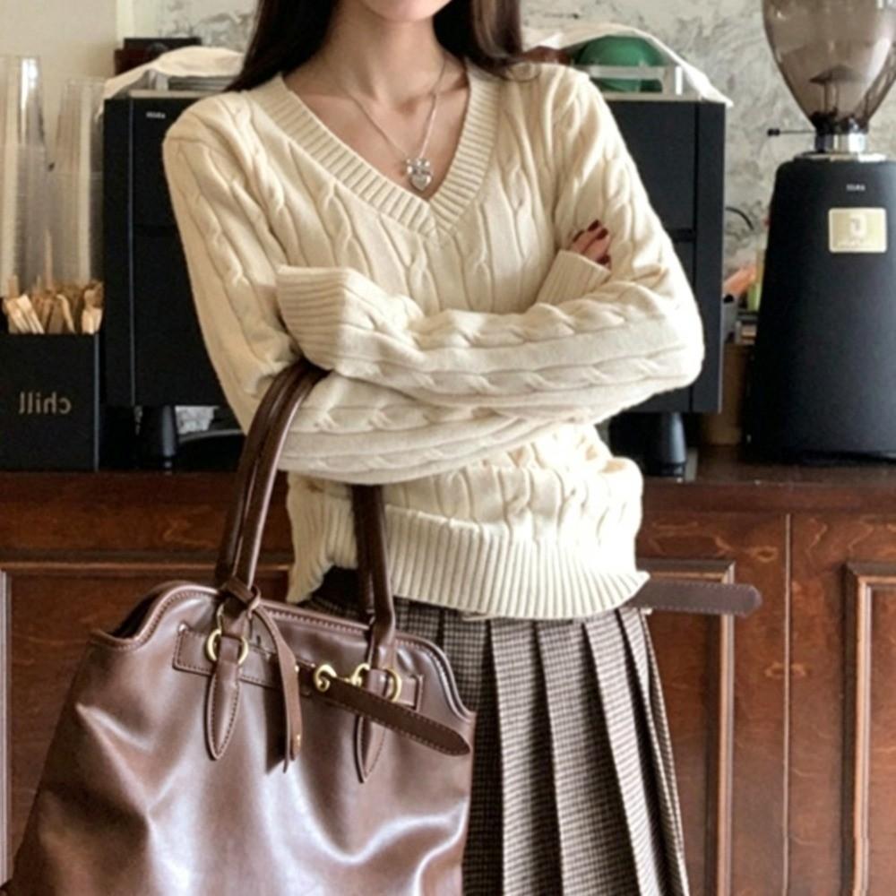 Long Sleeve V Neck Pullover V Neck Design Korean Style Knitwear Cable Knit Sweater Outer Wear