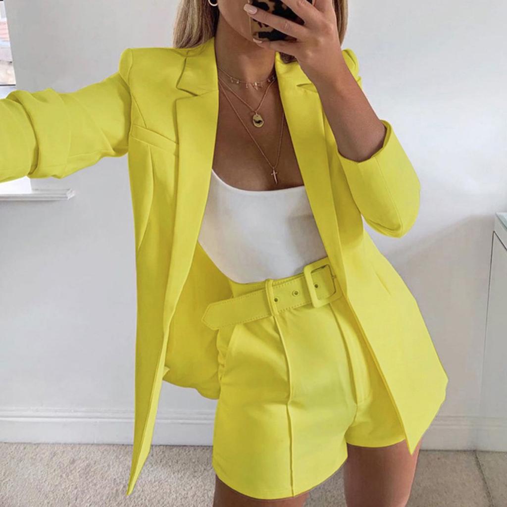 Women's Slim Fit Two Piece Suit Lapel Long Sleeve Blazer High Waist Belted Short Co-ord Outfit Set
