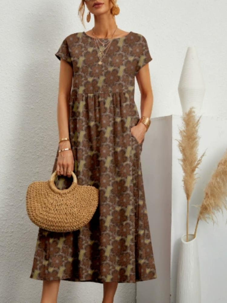 New Fashion Women's Loose Cotton and Linen Sleeveless Crew Neck Print Summer Dress