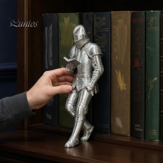 Relaxed Posture Knight for Collection Medieval Bookshelf Decor, Silver-Finished Armored Statue, Fantasy Home Bookend Library Office Desktop Ornament,