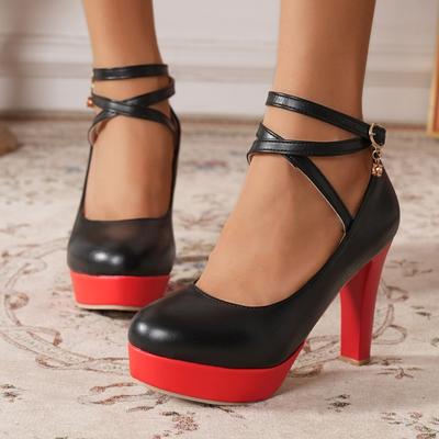 Black Red Women's High Heels Pumps Platform Ankle Straps Mary Jane Shoes Fashion Heeled Dance Party Wedding Shoes Female New