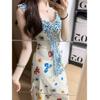 French Dopamine V-neck Floral Dress Children's Summer Vacation Style Fashion Beautiful Super Fairy Waist Dress