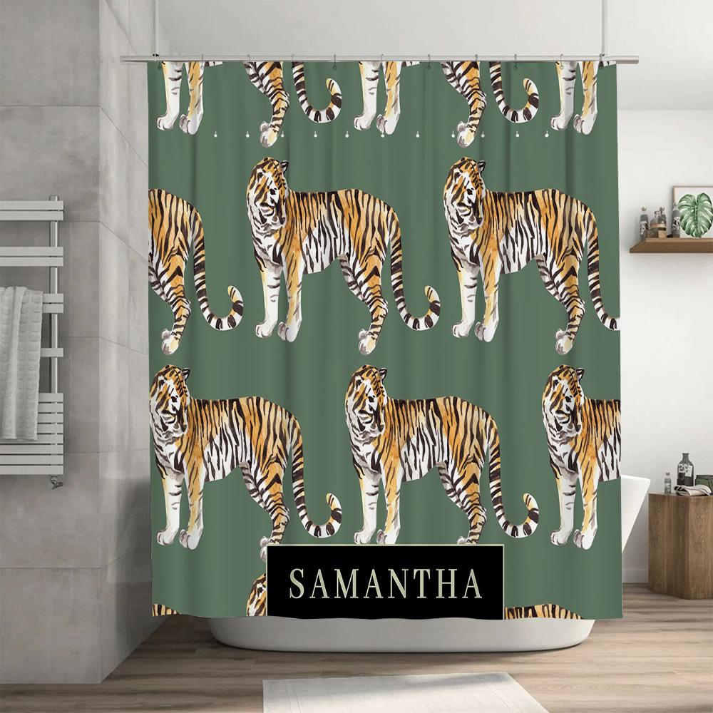 Stylish Tiger Print Shower Curtain for Bathroom Decor Personalized Custom Name Adding Green Background Pattern Home Decoration.