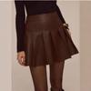 Womens High Waist Pleated Mini Skirt Brown PU Leather Sexy Y2K Style Streetwear Casual Daily Wear