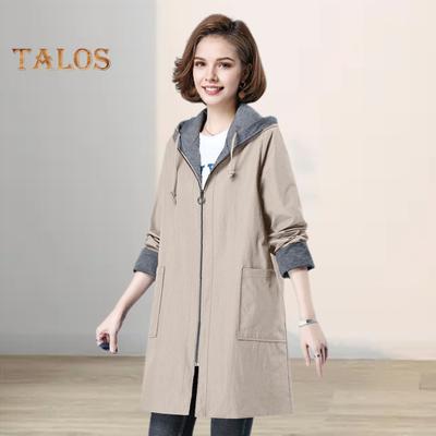 Spring Fall Women Jacket Hooded Long Sleeves Drawstring Plus Size Pockets Zipper Closure Windbreaker Mid Length Solid Color Big Pockets Windproof