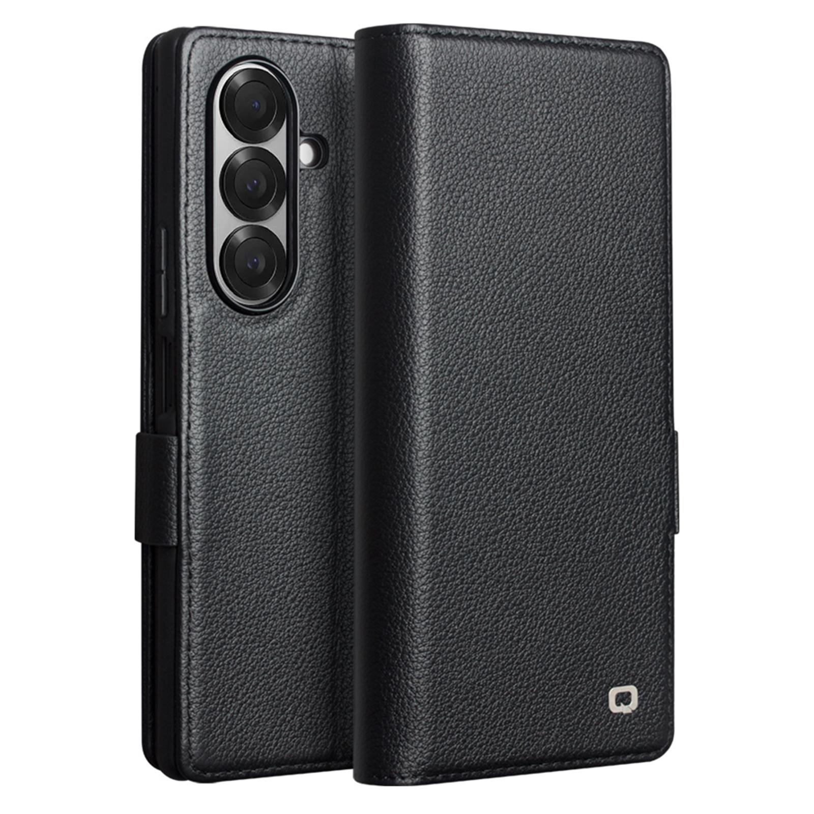 

QIALINO Чехол для Samsung Galaxy Z Fold7 5G с держателем для карт, подставка, чехол для телефона из натуральной коровьей кожи Black