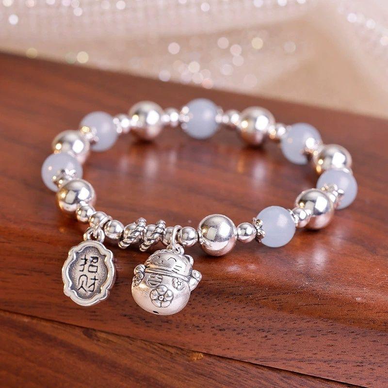 Aquamarine beaded fashion lucky cat bracelet bracelet design light luxury niche versatile exquisite high-end jewelry