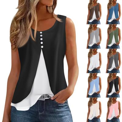 Women's Tank Top Casual Print Button Fake Sleeveless Fashion Crew-neck Blouse Fit Summer
